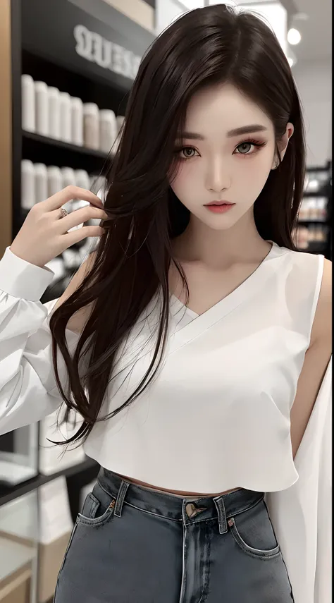 ​masterpiece、top-quality)、1 beutiful girl、Slim body、((Black and white plain clothes:1.1))、(Detailed beautiful eyes)、Walk around the store、((Boyish Brown Shorthair))、((Smaller face))、((Light brown eyes))、((Korean Girl))、((cool lady))、((Wild look))、((Korean ...