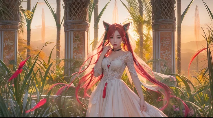 (best quality, vibrant colors), long hair dyed in a gradient from yellow to red, an radiant woman with striking features and captivating eyes, a swamp with reeds, ethereal and alluring, a cut-out wedding dress, sunset lighting, cat ears, crystal pendant.