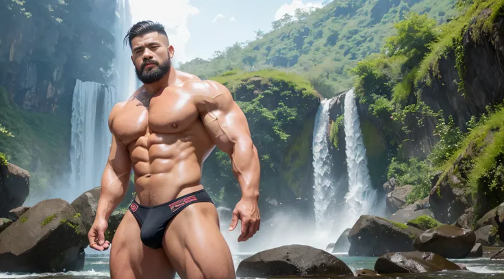 A Chinese bodybuilder，short detailed hair, Wear bright gold thong panties，Stand under the waterfall, Short beard perfect figure with tattoos, Very huge and strong body, Bulging muscles, musculous, Very large pectoral muscles，Very sexy abs，The legs are musc...