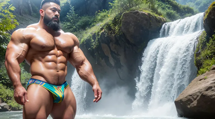 A Chinese bodybuilder，short detailed hair, Wear bright gold thong panties，Stand under the waterfall, Short beard perfect figure with tattoos, Very huge and strong body, Bulging muscles, musculous, Very large pectoral muscles，Very sexy abs，The legs are musc...