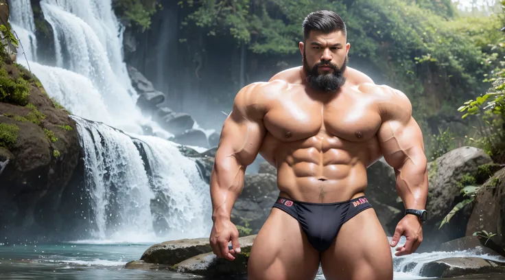 A Chinese bodybuilder，short detailed hair, Wear bright gold thong panties，Stand under the waterfall, Short beard perfect figure with tattoos, Very huge and strong body, Bulging muscles, musculous, Very large pectoral muscles，Very sexy abs，The legs are musc...