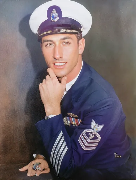 Homem com uniforme da Marinha posa para foto, foto colorida, uma foto colorida, foto em cores, colorido, fotografia colorida, foto colorida premiada, Fotografia colorida dos anos 1960, fotografia colorida antiga, foto colorida vintage, fotografia colorida,...