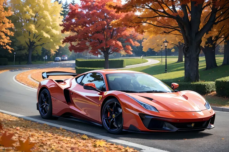 Best quality, Masterpiece, Oil painting style, Autumn scene, The enchanting glow of autumn dusk scatters the maple woodlands, Rose Cloud, Maple leaves on the ground, A Ferrari electric car is parked next to a tree，A beautiful scenery that is rare in the wo...