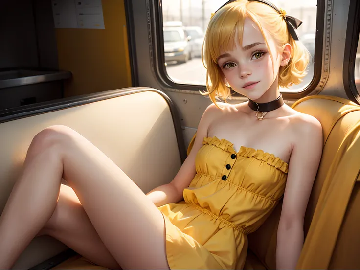 tween Emma Watson wearing a yellow strapless playsuit in a minibus, small bust, small chest, cute smile, yellow hair accessories, yellow makeup, yellow lips, yellow collar, yellow hair.