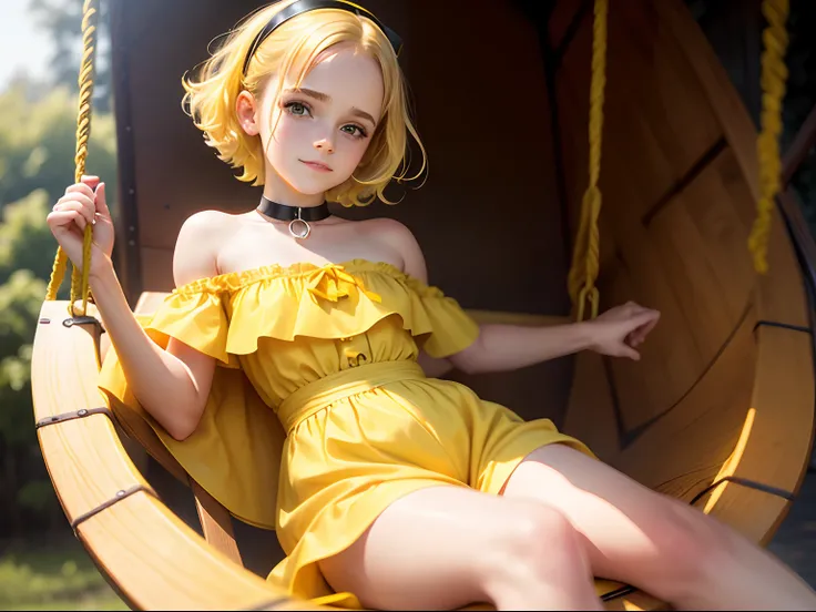 tween Emma Watson wearing a yellow strapless playsuit sitting on a swing, small bust, small chest, cute smile, yellow hair accessories, yellow makeup, yellow lips, yellow collar, yellow hair.