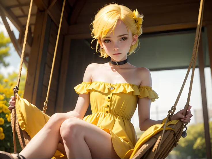 tween Emma Watson wearing a yellow strapless playsuit sitting on a swing, small bust, small chest, cute smile, yellow hair accessories, yellow makeup, yellow lips, yellow collar, yellow hair.