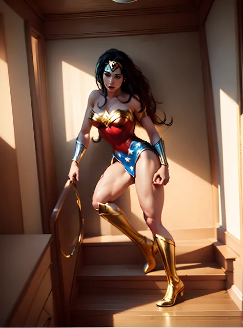 masterpiece, high detailed images, high quality images, high dewtailed faces, perfect faces, Realistic drawing of Wonder Woman holding the bright golden bow at the top of a staircase, mulher maravilha, Retrato realista da Mulher Maravilha, Directed by: Vik...