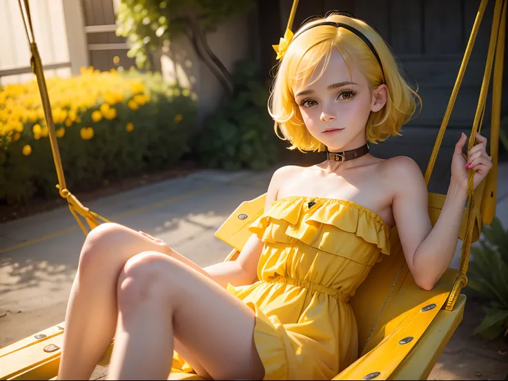 tween Emma Watson wearing a yellow strapless playsuit sitting on a swing, small bust, small chest, cute smile, yellow hair accessories, yellow makeup, yellow lips, yellow collar, yellow hair.