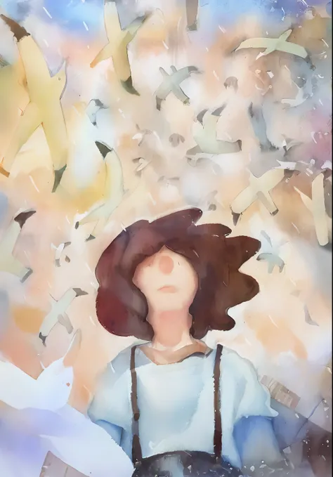 Painting of a woman with a bird in her hand and an airplane in the air, inspirado em Pascale Campion, Directed by: Maryam Hashemi, there are birds on her head, penas chovendo, Directed by: Kim Tschang Yeul, por Juliette Leong, blurry and dreamy illustratio...