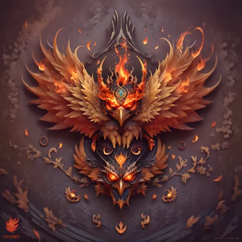 logo, (phoenix bird, eyes burn with fire) symmetry, style of: ghotic, ..3d