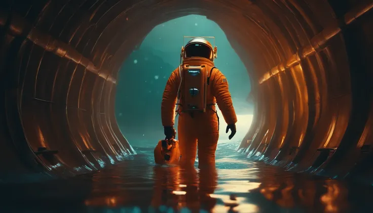 an astronaut in a spacesuit walking through a water tunnel, arte digital por Beeple, trending in cgsociety, arte espacial, arte do bipe, bipe!!, arte do bipe, Estilo Beeple, beeple daily art, Beeple e Tim Hildebrandt, bipe. hiper-realismoo, realismo | bipe