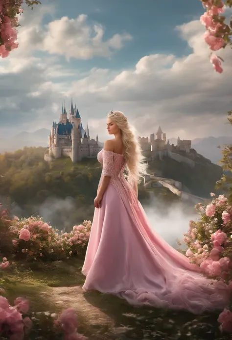 ((best quality, masterpiece)), 
1girl, princess pink dress, flowers, white messy hair,  outdoor, clouds on background,fantasy, medieval, castle on background