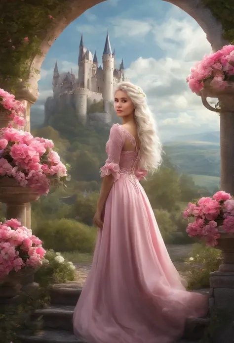 ((best quality, masterpiece)), 
1girl, princess pink dress, flowers, white messy hair,  outdoor, clouds on background,fantasy, medieval, castle on background