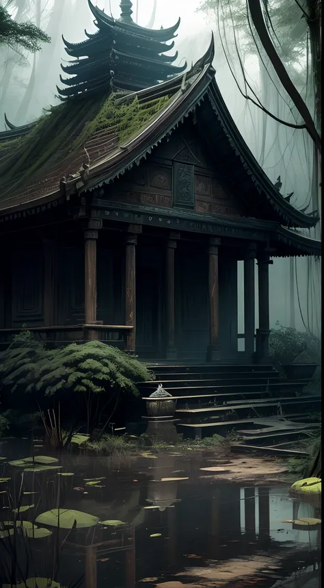 (masterpiece), best quality, a old temple in a swamp, dark florest,mud, dirty water,green, gorgeous landscape, dangerous vibes, scary, green spectral, fog, no_humans,  haunted place, 4k, wallpaper, award winner, fantasy, perfect light, dramatic light, epic...