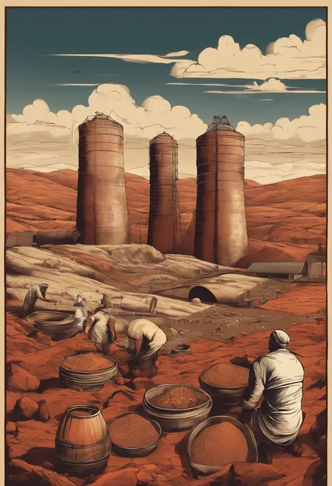 the mine where they extract spices and seasonings from the earth, large barrels of spices in background, cinematic, miners in distance