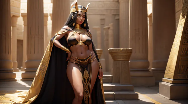 hyper realistic, ancient egyptian queen, (standing next to ancient egyptian throne made of gold inside egyptian temple), (wearing ancient egyptian headdress), (wearing flowing see through robes), (legs and thighs visible through slit in robe), extremely be...