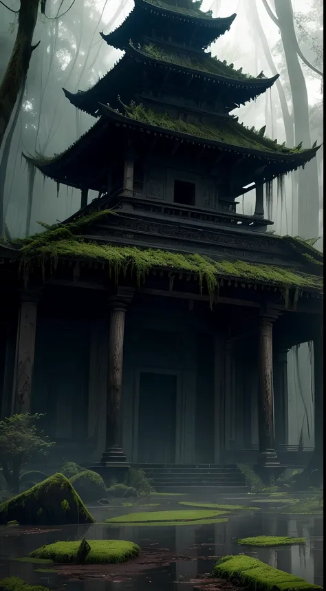 (masterpiece), best quality, a old temple in a swamp, dark florest,mud, dirty water,green, gorgeous landscape, dangerous vibes, scary, green spectral, fog, no_humans,  haunted place, 4k, wallpaper, award winner, fantasy, perfect light, dramatic light, epic...