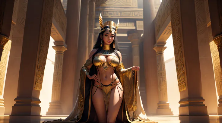 hyper realistic, ancient egyptian queen, (standing next to ancient egyptian throne made of gold inside egyptian temple), (wearing ancient egyptian headdress), (wearing flowing see through robes), (legs and thighs visible through slit in robe), extremely be...