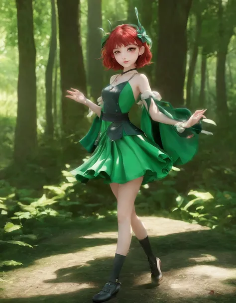 Menina do anime no traje verde e preto nas asas e no fundo verde, Personagem Pixie, fada, fada da floresta, menina treinador do inseto, duende morena com asas de fada, duende, cute 3d anime girl rendering, April Rendering, Fairy Dance, pernas abertas,salto...