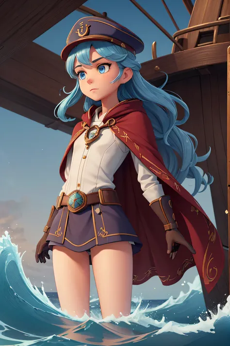 (A small chest:1.3),(masterpiece, best quality:1.4), (beautiful, aesthetic, perfect, delicate, intricate:1.2), 1 girl, adult (elven:0.7) woman,  light blue eyes, copper half-up half-down hairstyle, solo, upper body, looking down, detailed background, ship ...