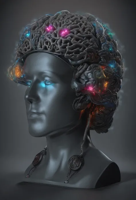 A highly detailed brain, electronic medium with neons and half real gray