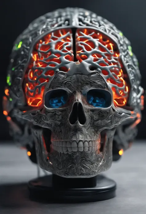 A highly detailed brain, electronic medium with neons and half real gray