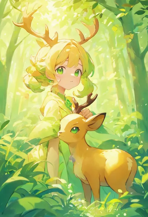 (masterpiece:1.2),vibrant colors,soft lighting,graceful posture,tranquil atmosphere, deer, green eyes, complementary colors,