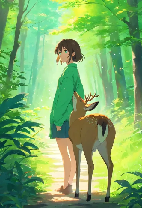 (masterpiece:1.2),vibrant colors,soft lighting,graceful posture,tranquil atmosphere, deer, green eyes, complementary colors,