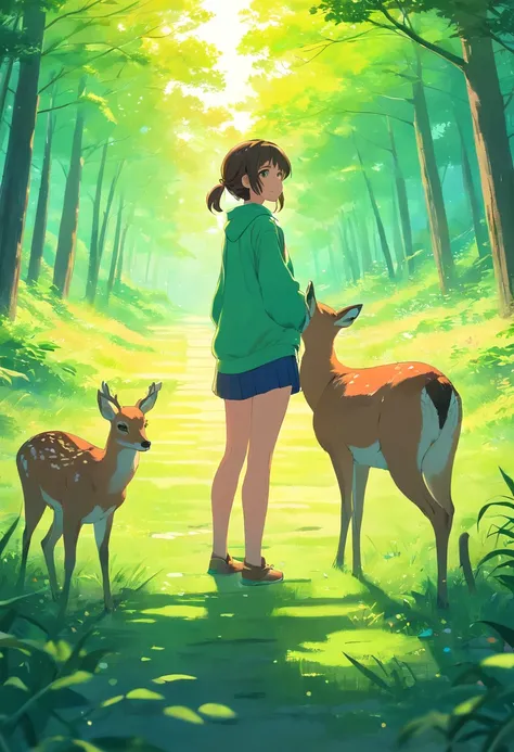 (masterpiece:1.2),vibrant colors,soft lighting,graceful posture,tranquil atmosphere, deer, green eyes, complementary colors,