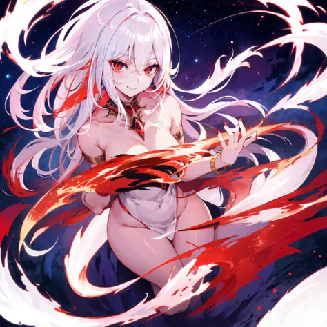 (simple hands:0.5)+(detailed hands:0.7), (masterwork), (best quality), white hair, dragon eyes,1girl, pale skin, white hair, red eyes, two tone hair, eyelashes, bracelet, jewelry, smile, gleaming skin, shiny hair, detailed and majestic stage, Fantasy, Long...