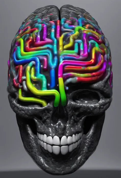 A highly detailed brain, electronic medium with neons and half real gray