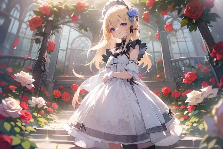 ((Masterpiece)), (High Definition:1.3), best quality, 8K, lens flare, wide shot, Textured skin, cinematic lighting, 1girl, ((Beautiful Gothic Lolita pure-white-Dresses, very hoop-dress, Luxury roses embroidery)), cute innocent young girl, Slender and small...