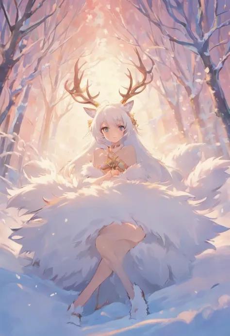 (masterpiece:1.2),vibrant colors,soft lighting,graceful posture,tranquil atmosphere, deer, ((white fur)), complementary colors,