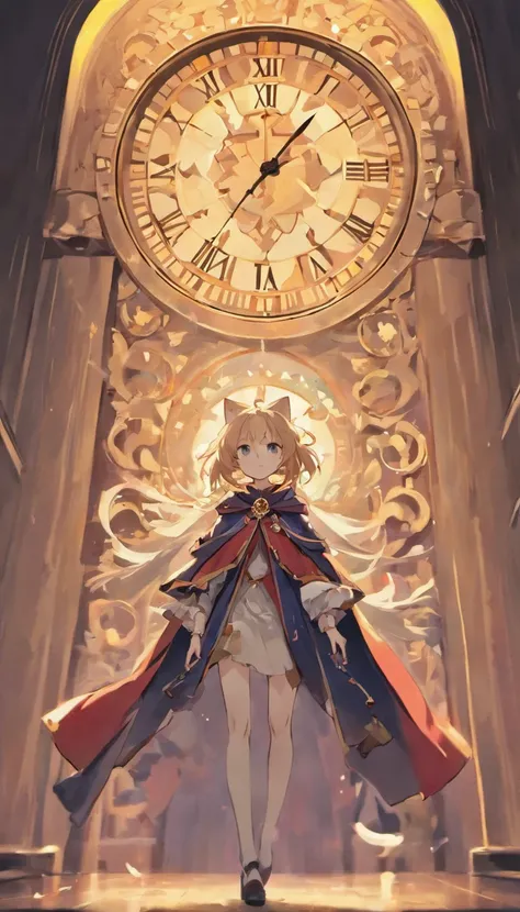 Anime scene of a cat in a cape standing in front of a clock, dreamy psychedelic anime, in style of cytus and deemo, videogame screenshot, screenshot from guro anime, animation still screencap, video game screenshot, cutscene footage, screenshot from the an...