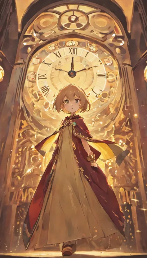 Anime scene of a cat in a cape standing in front of a clock, dreamy psychedelic anime, in style of cytus and deemo, videogame screenshot, screenshot from guro anime, animation still screencap, video game screenshot, cutscene footage, screenshot from the an...