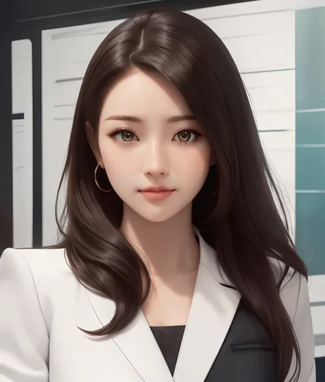 there is a woman with long hair and a white jacket, looks into the camera, symmetrical eyes, symmetrical face, photorealistic, photography, path tracing, specular lighting, volumetric face light, path traced hair, visible shadows, intricate, elaborate, hyp...