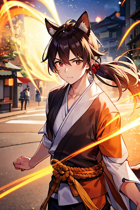 A hyper-realistic 8k dynamic shot of a young man with a raccoon tail and ears, Usando un gi monje naranja, straight brown hair, ojos gricess, light particles, in a Japanese street background from the Edo period, Estilo de emblema de fuego, Manos realistas ...