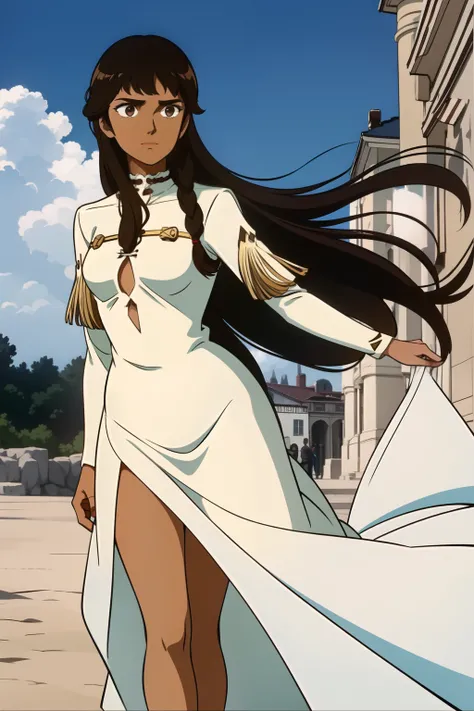 1girl, Chiko_Kamui (the Dagger of kamui), dark skin, ((brown hair, untied hair, long hair, bangs)), Old-fashioned European style elegant one-piece dress,