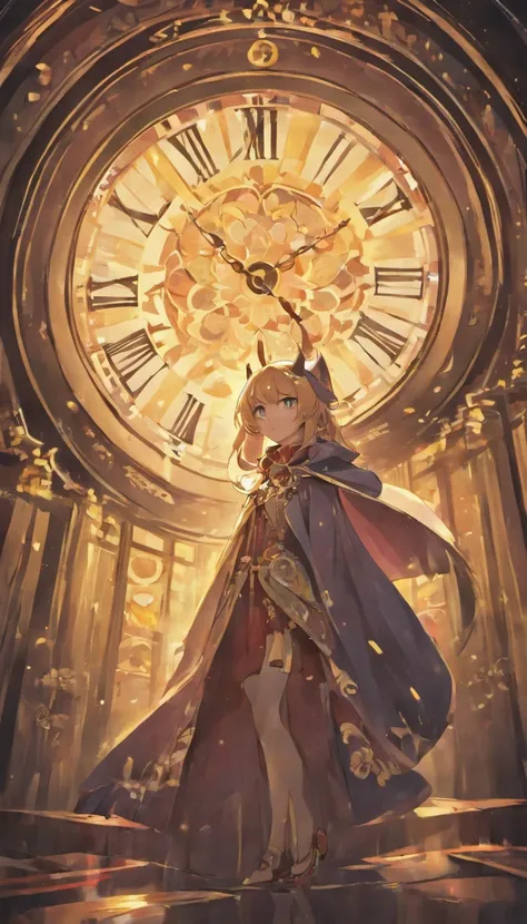 Anime scene of a cat in a cape standing in front of a clock, dreamy psychedelic anime, in style of cytus and deemo, videogame screenshot, screenshot from guro anime, animation still screencap, video game screenshot, cutscene footage, screenshot from the an...