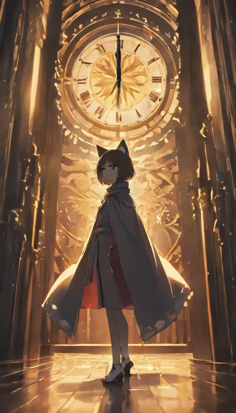 Anime scene of a silhouette of a cat in the distance in a cape standing in front of a clock, dreamy psychedelic anime, in style of cytus and deemo, videogame screenshot, screenshot from guro anime, animation still screencap, video game screenshot, cutscene...