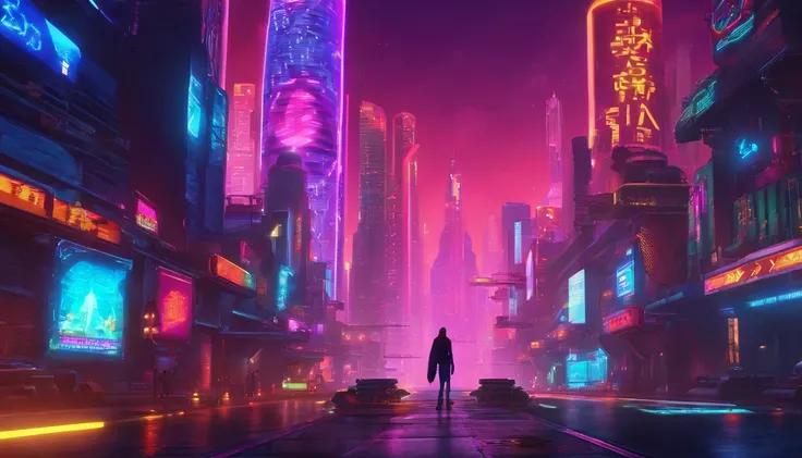 Blue hair, braided ponytail, magenta eyes, cowboy shot,Dynamic Angle,Please express the background of the metaverse space depicting the urban landscape of the near future with art. Ideally, your scene will include skyscrapers, shiny billboards, and futuris...