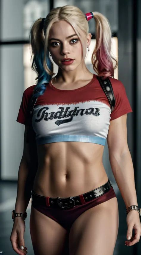 (8k, Foto RAW, La mejor calidad, Obra maestra:1.2), Ultra detallado, Arte Oficial, Toma de cuerpo completo, fotorrealista:1.37, little guy, nipple visible through the shirt, DC Harley Quinn, Film grain, dynamic  pose, pecho grande, disparo enfocado en su p...