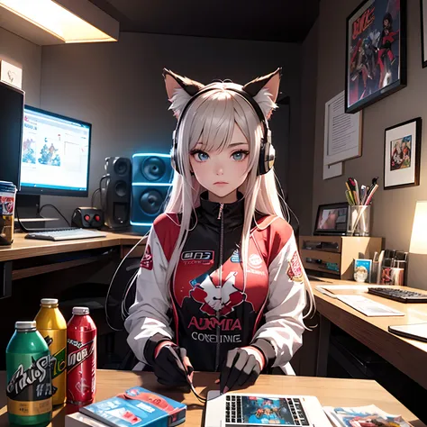 Twitchstreamer femenino, 1girl, Usar auriculares, escote, colorful lighting, Crea una imagen frontal de una joven gamer, Streamer sitting behind her laptop in her bedroom at night. Alice (cabeceo), CG 8K ultra realista, Traje rosa, Animal ear headphones, R...