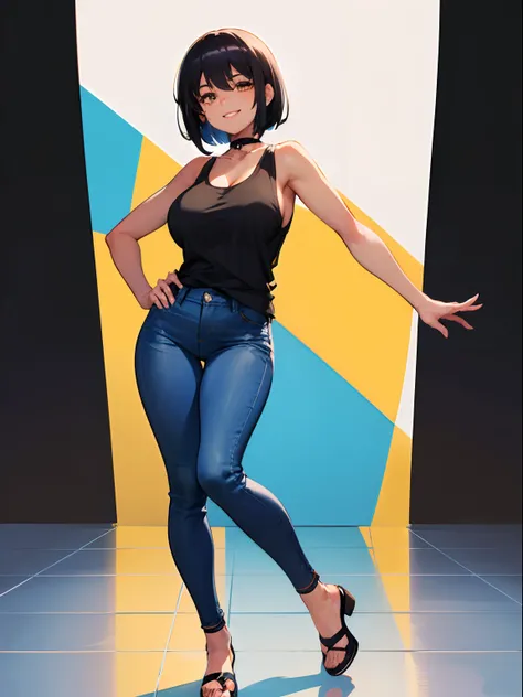 1girl, short black hair, tomboy, yellow eyes, black tank top, black choker, big breast, brown skin, full lips, smile, blue skinny jeans, portrait, full body, white background, looking at the camera, from the front