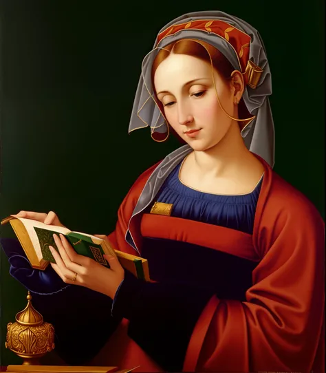 um close up de uma pintura de uma mulher lendo um livro, por Mestre da Lenda de Santa Luzia, Oil portrait of the 1500s, Directed by: Gerard David, 16th-century painting, pintura flamenga, artista desconhecido, artista desconhecido, rennaissance masters por...