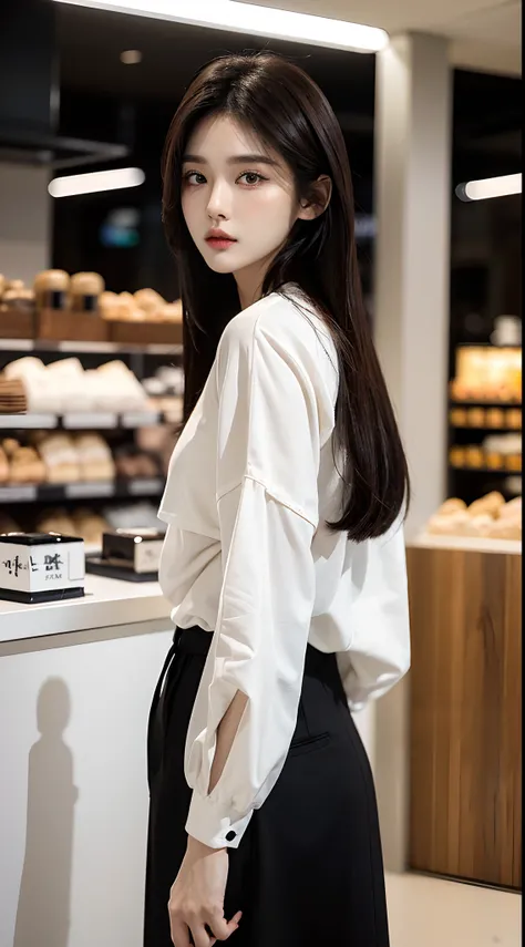 ​masterpiece、top-quality)、1 beutiful girl、Slim body、((Black and white plain clothes:1.1))、(Detailed beautiful eyes)、Walk around the store、((Boyish Brown Medium Hair))、((Smaller face))、((Neutral face))、((Face seen from the side))、((Light brown eyes))、((Kore...