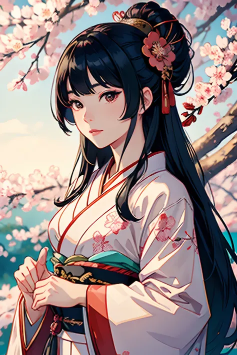 A Japanese Imperial Queen wearing a traditional Kimono for Royals during the Japanese Empire, The Background is a Cherry blossom tree, high quality, 8k, clear portrait, black hair in hime cut hairstyle