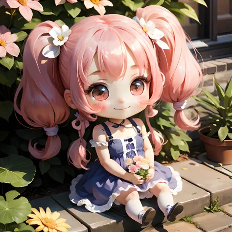 Cute chibi anime sitting on flowers, long pink hair with twin tails、Wear a blue mini dress, Smiling, Logo is cheap