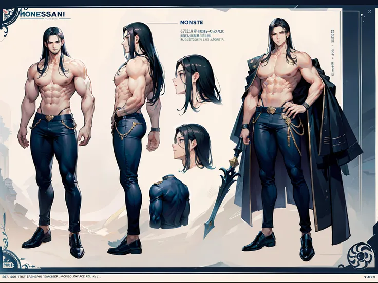 ((Masterpiece, Highest quality)), Detailed face, character design sheet， full bodyesbian, Full of details, frontal body view, back body view, Highly detailed, Depth, Many parts, Muscle boy with long black hair with long bangs，handsome man, muscle body, nav...