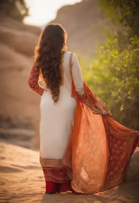 pakistan girl with big ass in shalwar kameez revealing very sexy, realistic, pose from back for a big ass, looking very big ass focus on ass